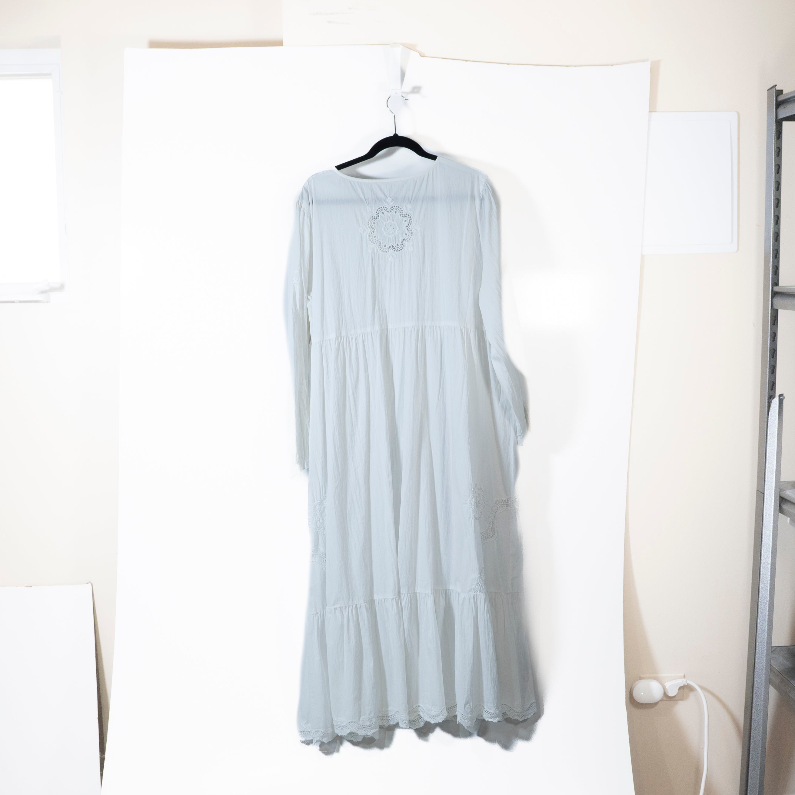 Johnny Was Cotton Blend Embroidered V Neck Collar Tiered Maxi Dress White Large