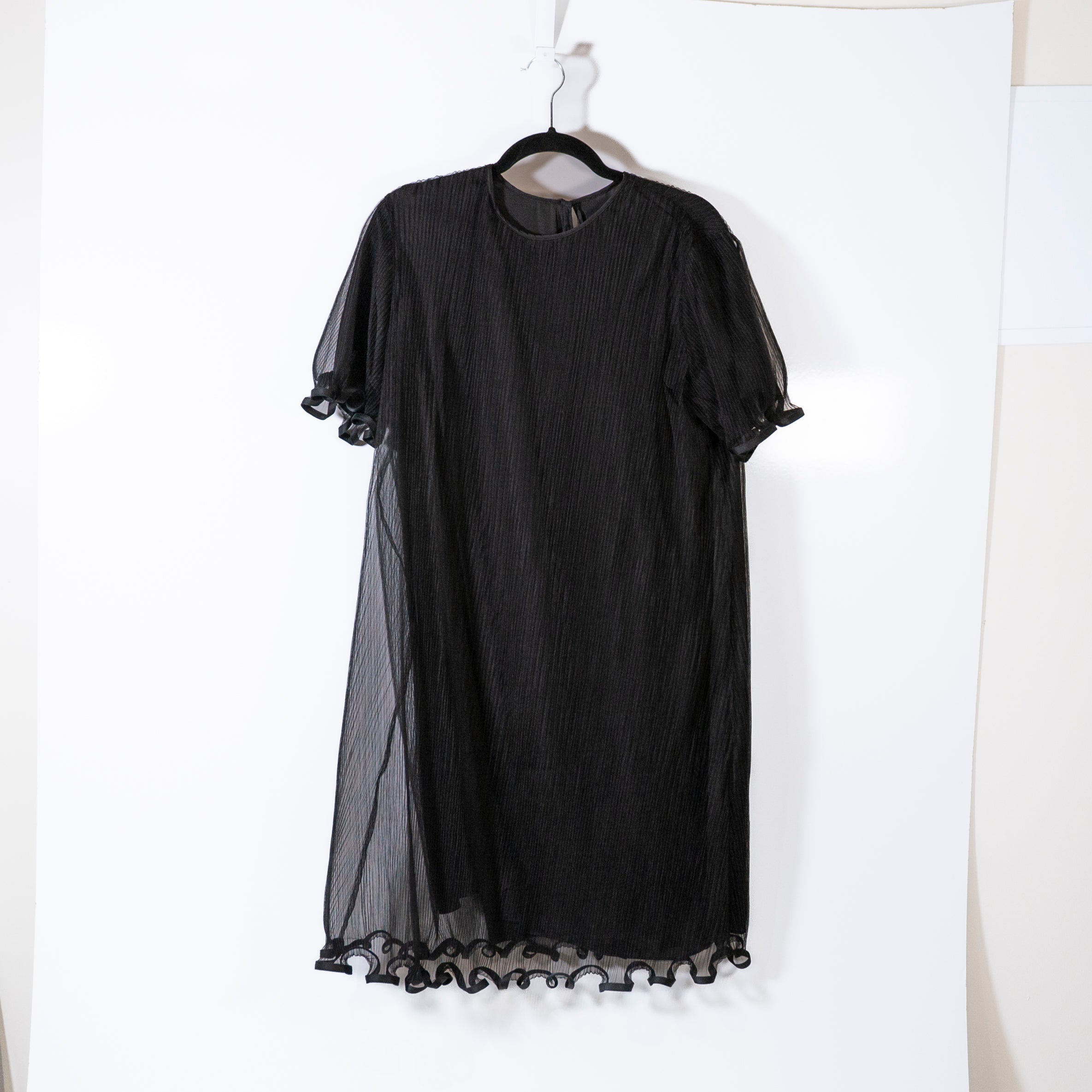 NEW JNBY Pressed Pleated Mesh Chiffon Ruffle Edge Short Sleeved Mini Dress Large