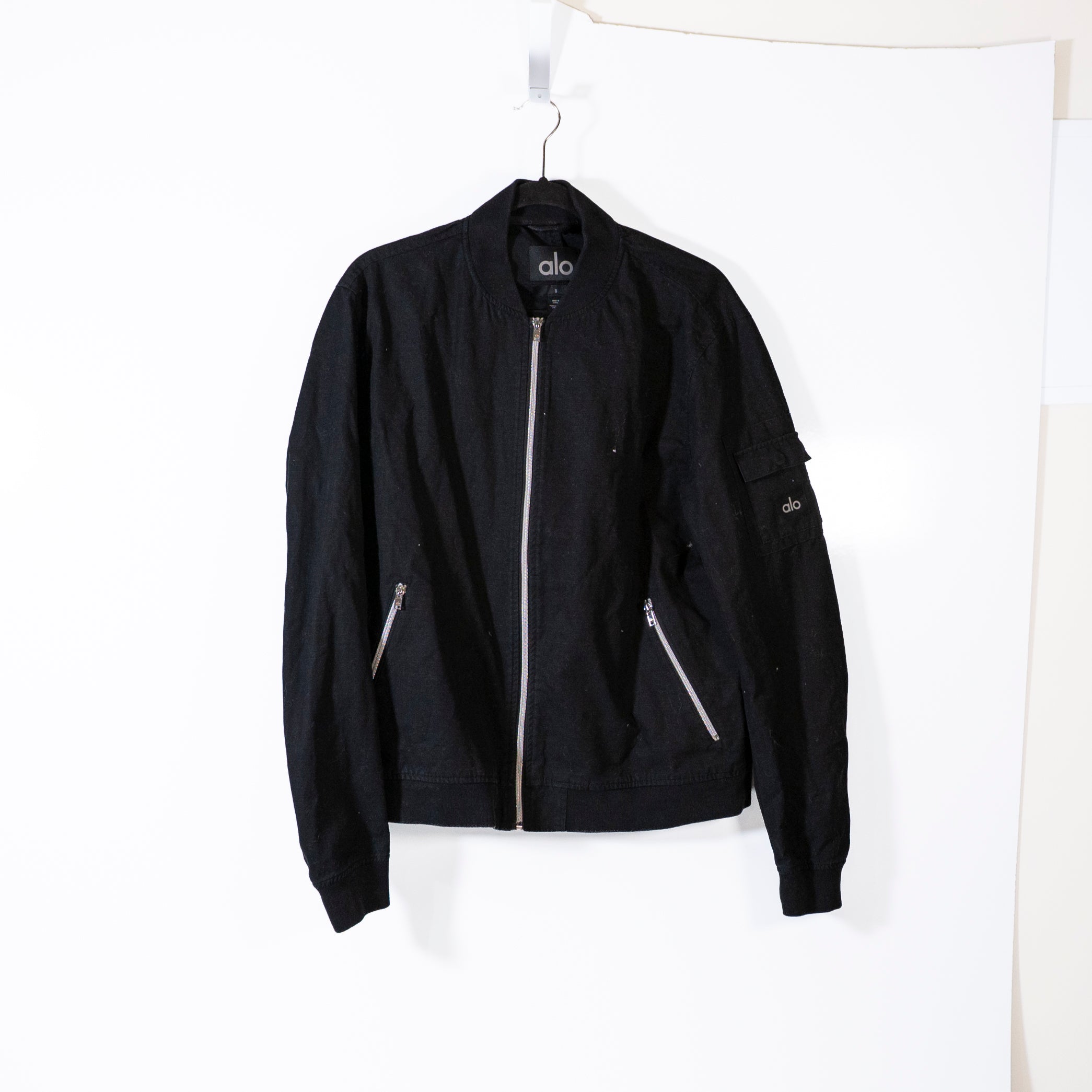 Alo Yoga Women's Division Ripstop Bomber Full Zip Collarless Jacket Black Small