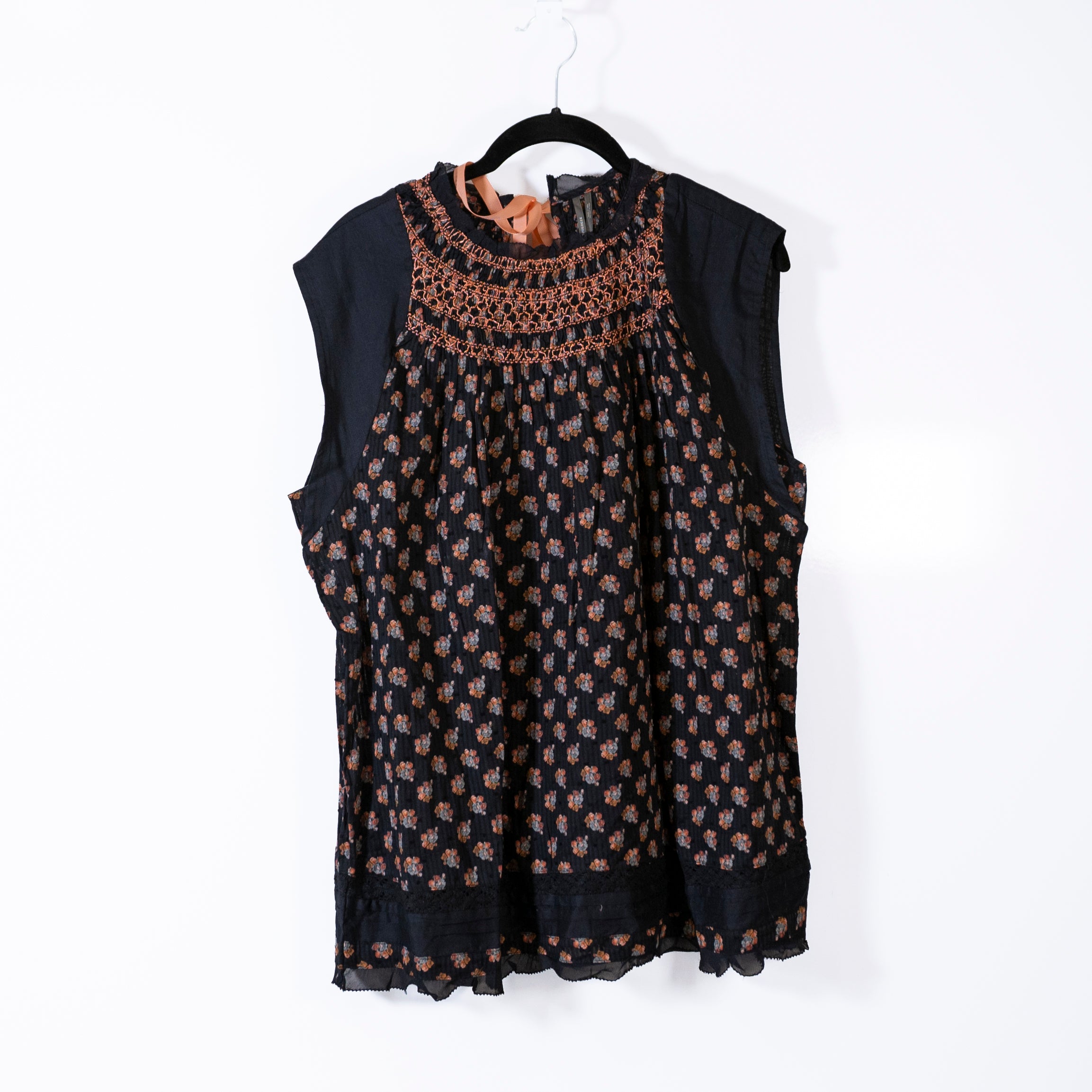 NEW Anthropologie Smocked Muscle Cotton Floral Flower Print Swing Top Blouse L