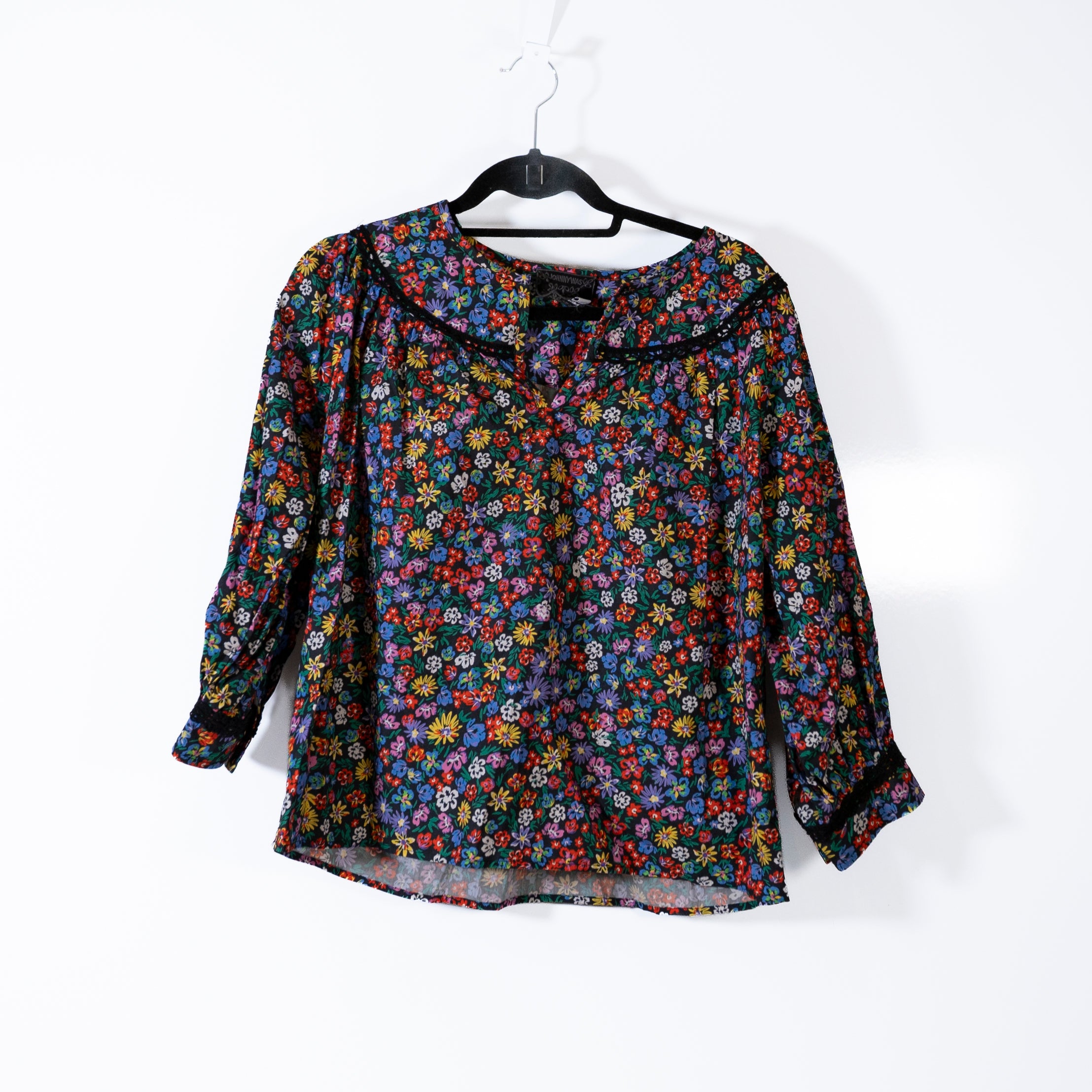 Johnny Was Risa Cotton Poplin Quarter Sleeve Multi Floral Flower Print Blouse S