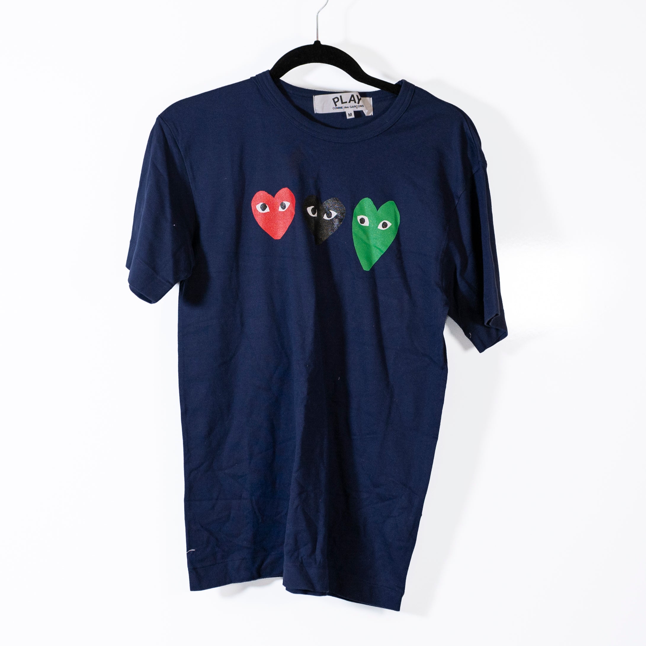 Play Comme Des Garcons Logo Graphic Print Cotton Crew Neck Tee Shirt Blue Medium