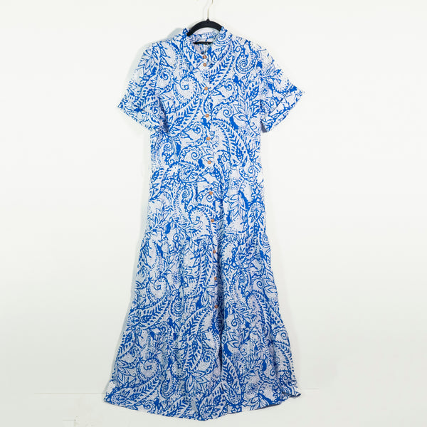 Zara Allover Eyelet Lace Collared Button Front Tiered Midi Dress Blue White L