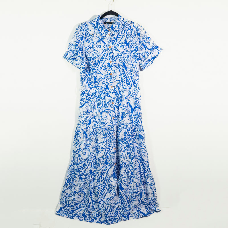 Zara Allover Eyelet Lace Collared Button Front Tiered Midi Dress Blue White L