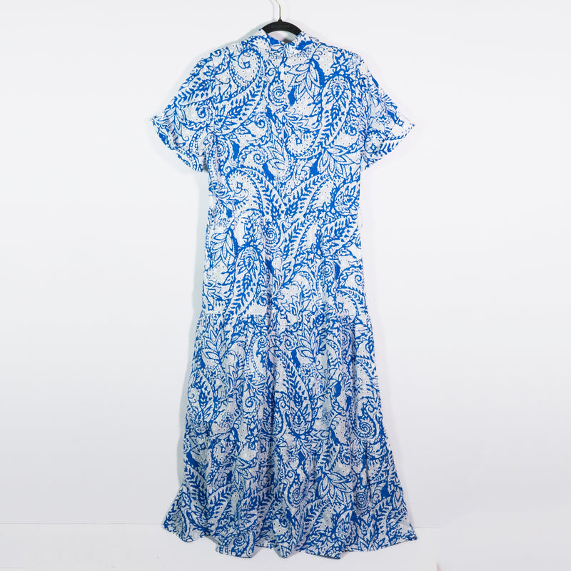 Zara Allover Eyelet Lace Collared Button Front Tiered Midi Dress Blue White L