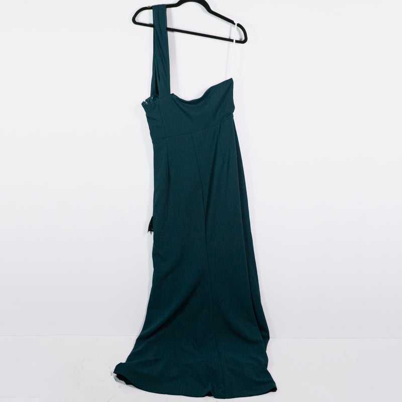 Lulu's Women's Crepe Stretch One Shoulder Long Maxi Emerald Green Dress Large