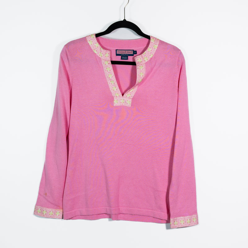 Vineyard Vines Cotton Cashmere Knit V Neck Seashell Trim Pullover Sweater Pink S