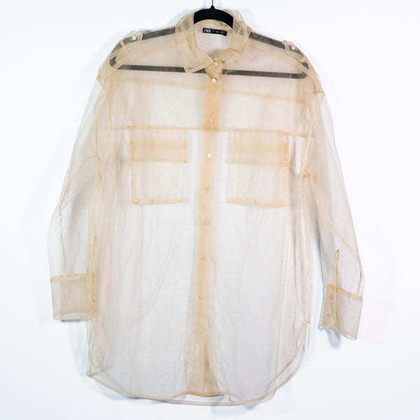 Zara Tulle Mesh Allover Sheer Collared Button Front Multi Pocket Blouse Shirt S