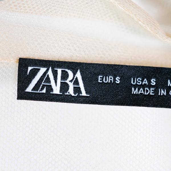 Zara Tulle Mesh Allover Sheer Collared Button Front Multi Pocket Blouse Shirt S