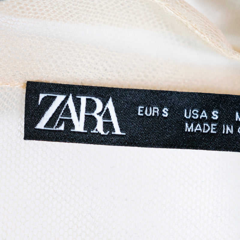 Zara Tulle Mesh Allover Sheer Collared Button Front Multi Pocket Blouse Shirt S