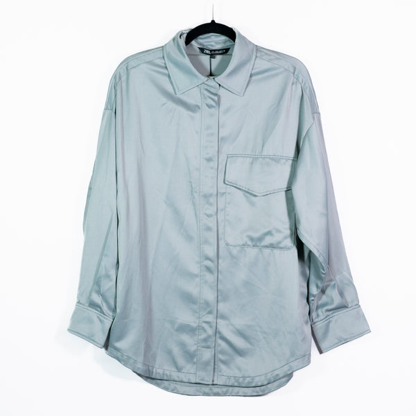 NEW Zara Sateen Satin Snap Button Front Collared Pocket Blouse Shirt Top Blue S