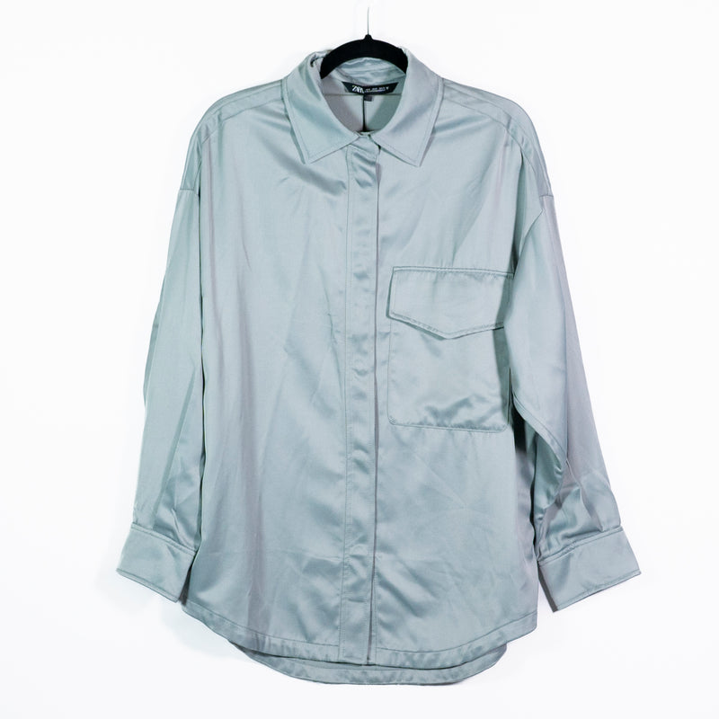NEW Zara Sateen Satin Snap Button Front Collared Pocket Blouse Shirt Top Blue S