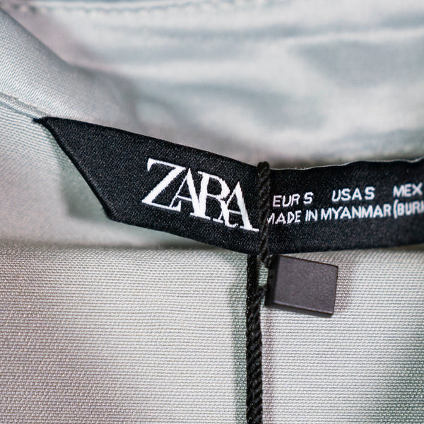 NEW Zara Sateen Satin Snap Button Front Collared Pocket Blouse Shirt Top Blue S