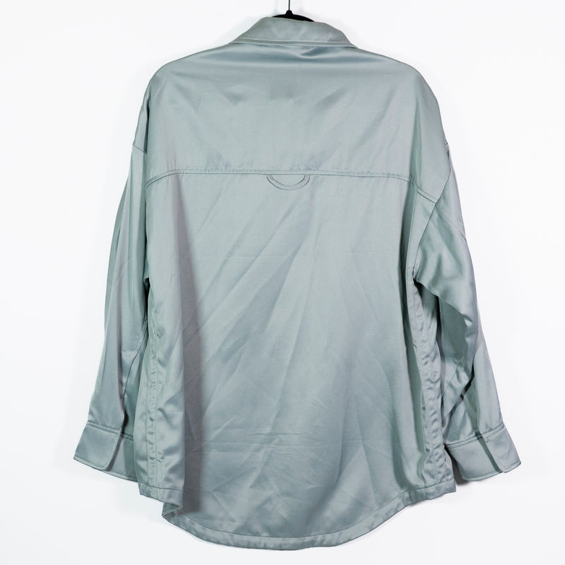 NEW Zara Sateen Satin Snap Button Front Collared Pocket Blouse Shirt Top Blue S