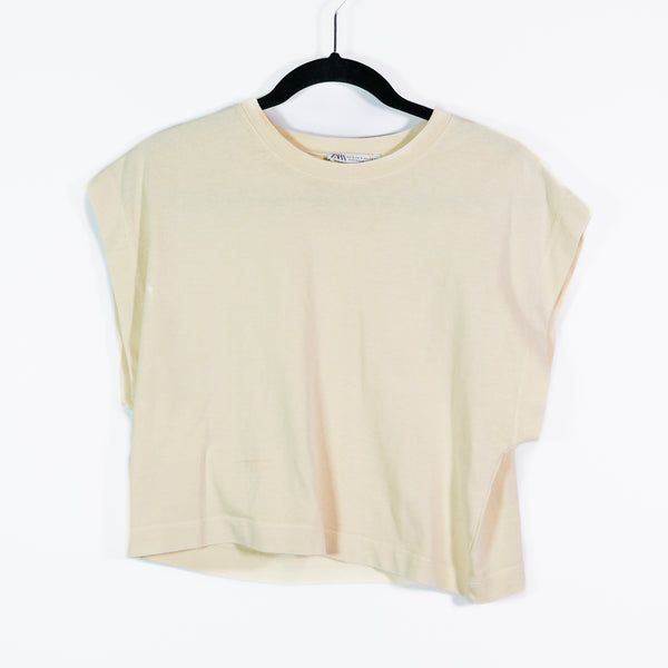 NEW Zara Cotton Short Sleeve Crew Neck Boxy Crop Top Tee Shirt Buttercream Small