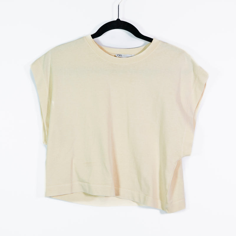 NEW Zara Cotton Short Sleeve Crew Neck Boxy Crop Top Tee Shirt Buttercream Small