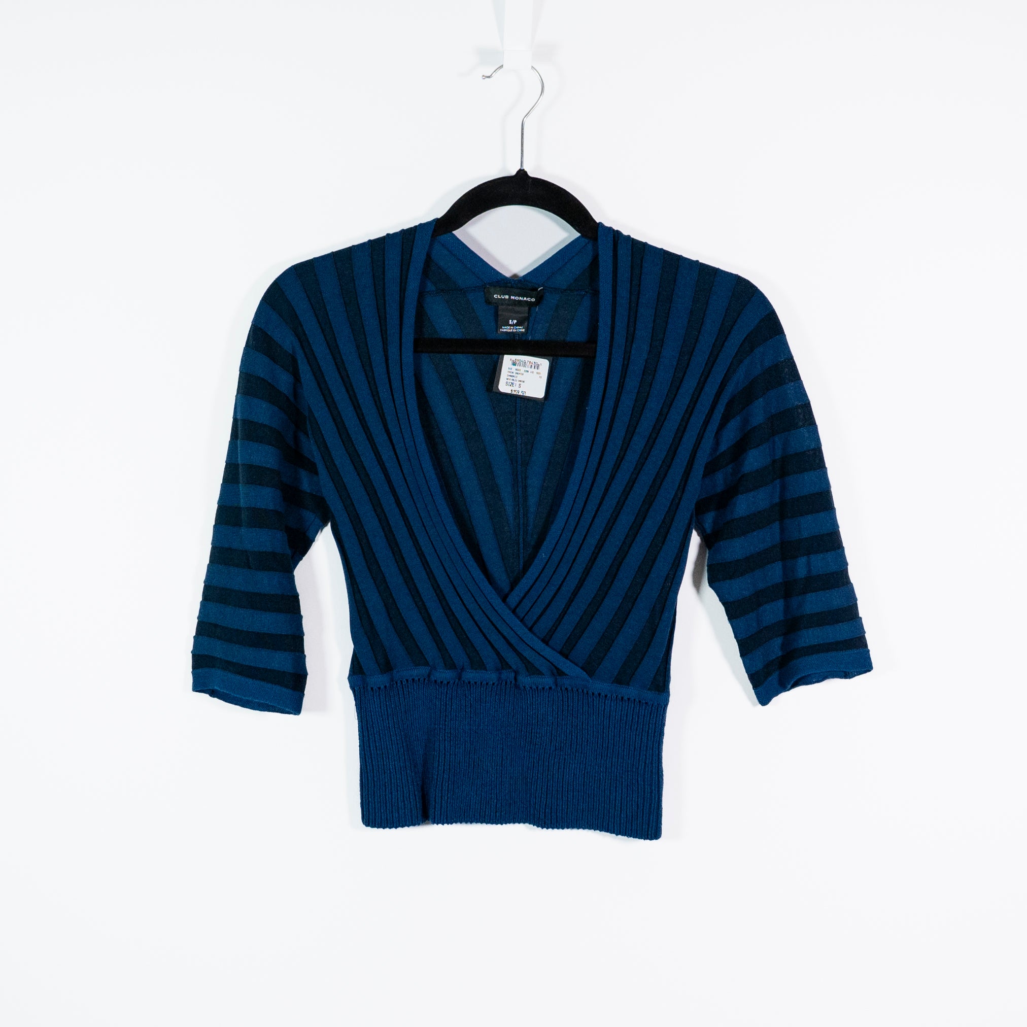 NEW Club Monaco Yakini Cotton Knit Stretch Wrap V Neck Sweater Navy Blue Marine