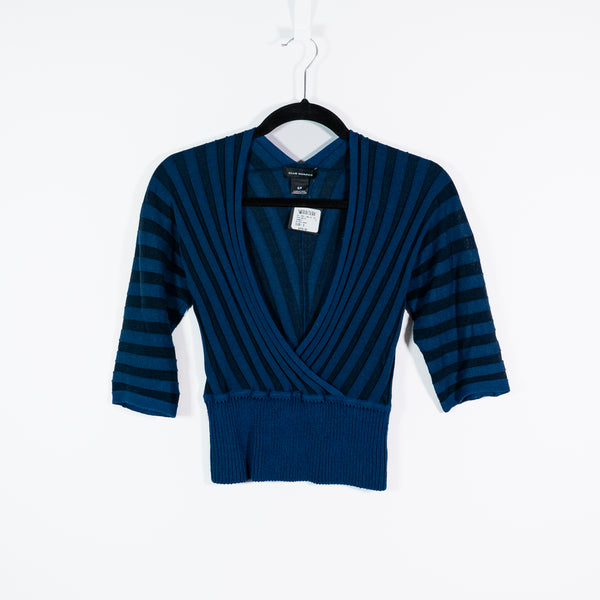 NEW Club Monaco Yakini Cotton Knit Stretch Wrap V Neck Sweater Navy Blue Marine