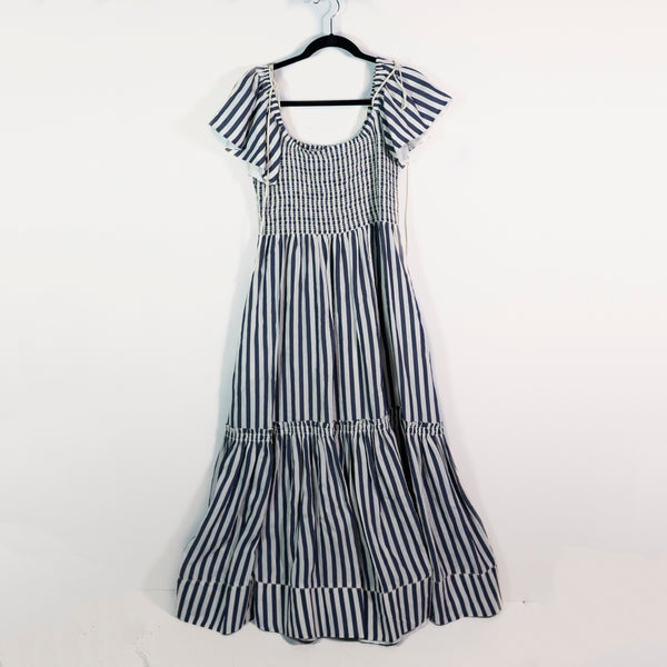 La Ligne Lottie Silk Blend Flutter Sleeve Blue White Stipe Tiered Midi Dress XL&nbsp;