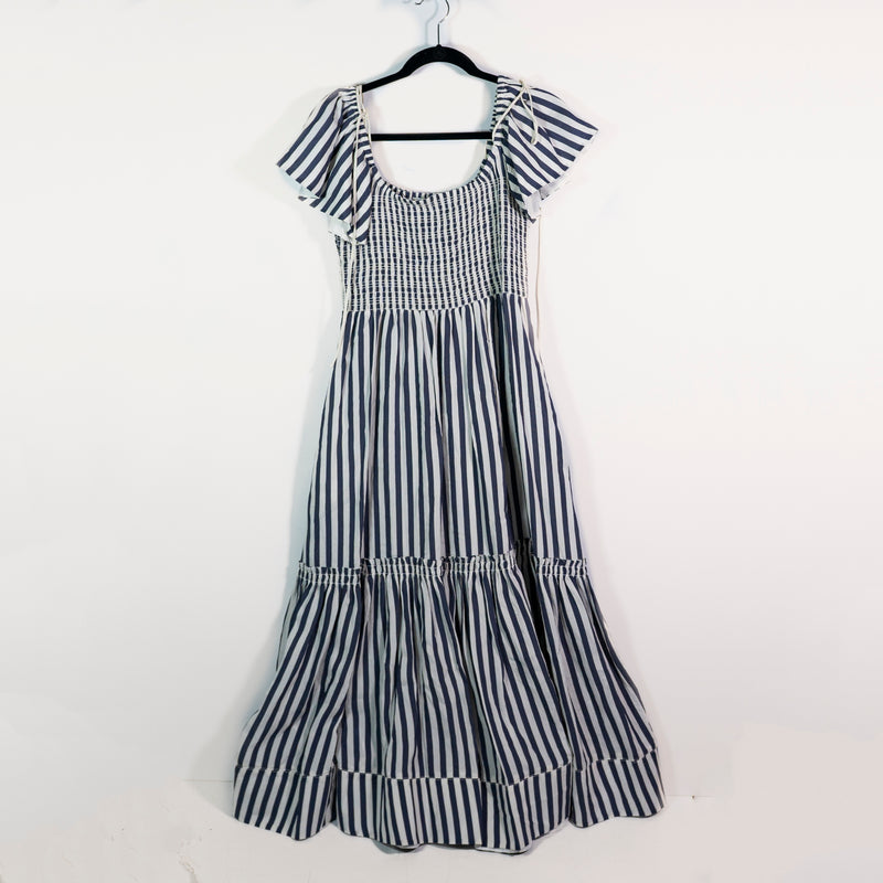 La Ligne Lottie Silk Blend Flutter Sleeve Blue White Stipe Tiered Midi Dress XL&nbsp;
