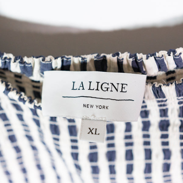 La Ligne Lottie Silk Blend Flutter Sleeve Blue White Stipe Tiered Midi Dress XL&nbsp;