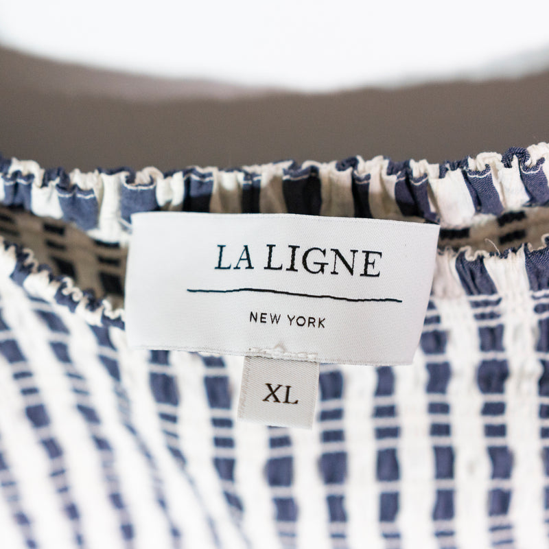 La Ligne Lottie Silk Blend Flutter Sleeve Blue White Stipe Tiered Midi Dress XL&nbsp;