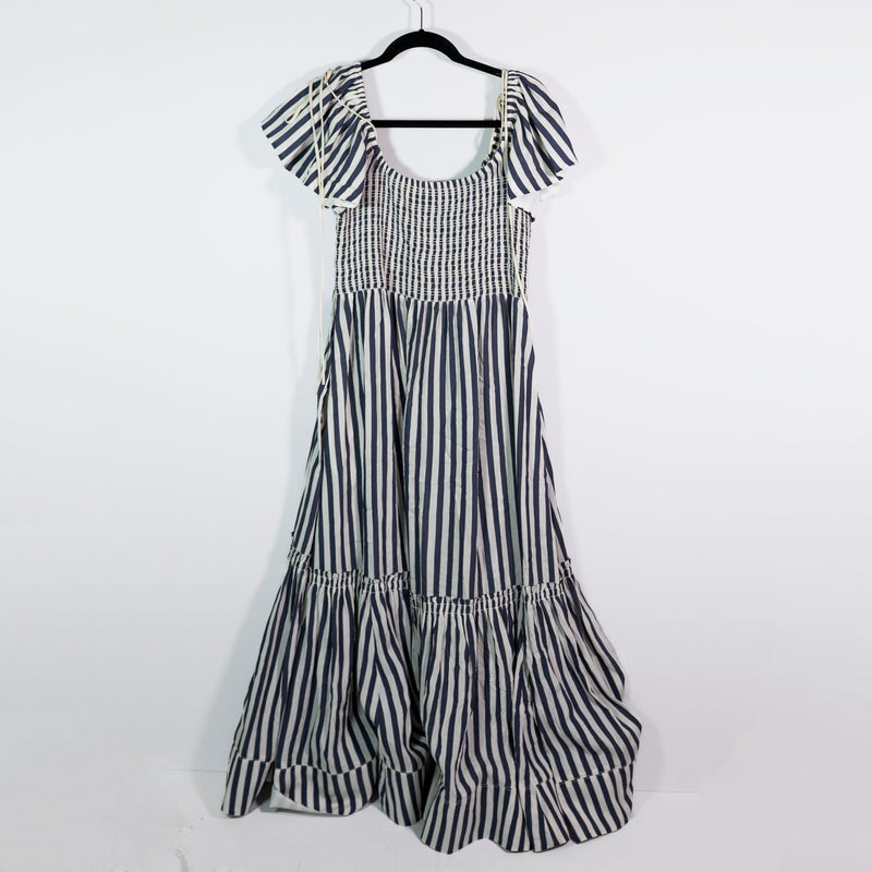 La Ligne Lottie Silk Blend Flutter Sleeve Blue White Stipe Tiered Midi Dress XL&nbsp;