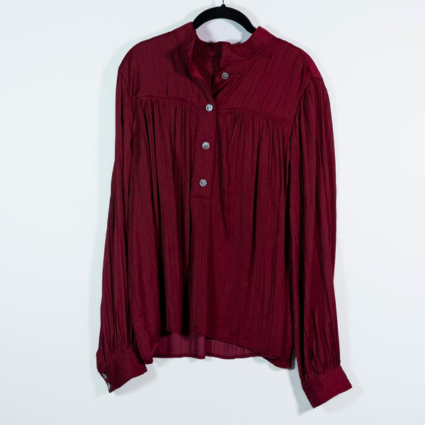 Anthropologie Pliss Pleated Satin Long Sleeve Quarter Button Blouse Shirt Large