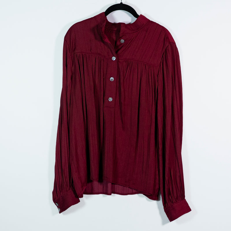 Anthropologie Pliss Pleated Satin Long Sleeve Quarter Button Blouse Shirt Large