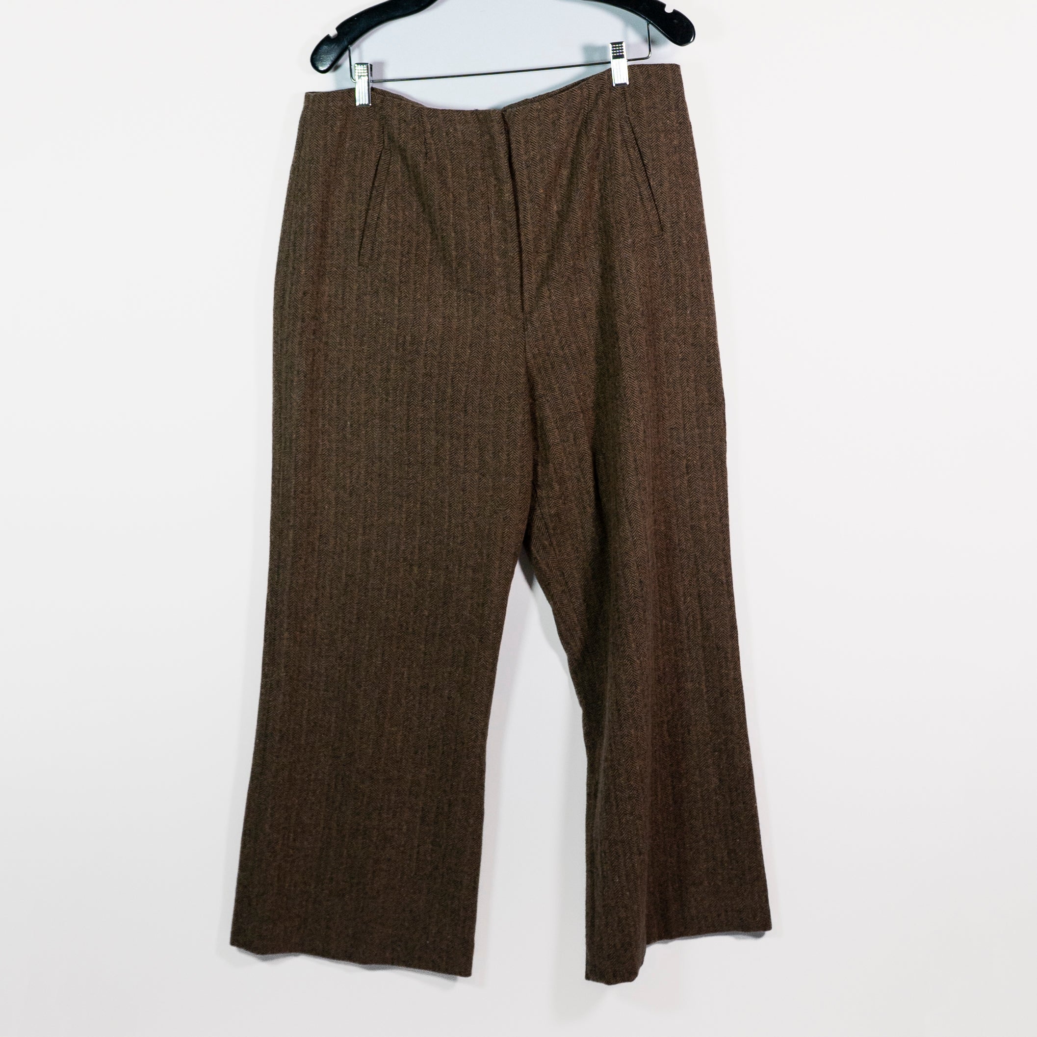 Veronica Beard Dova Won Blend Mid Rise Herringbone Crop Wide Leg Pants Brown 16