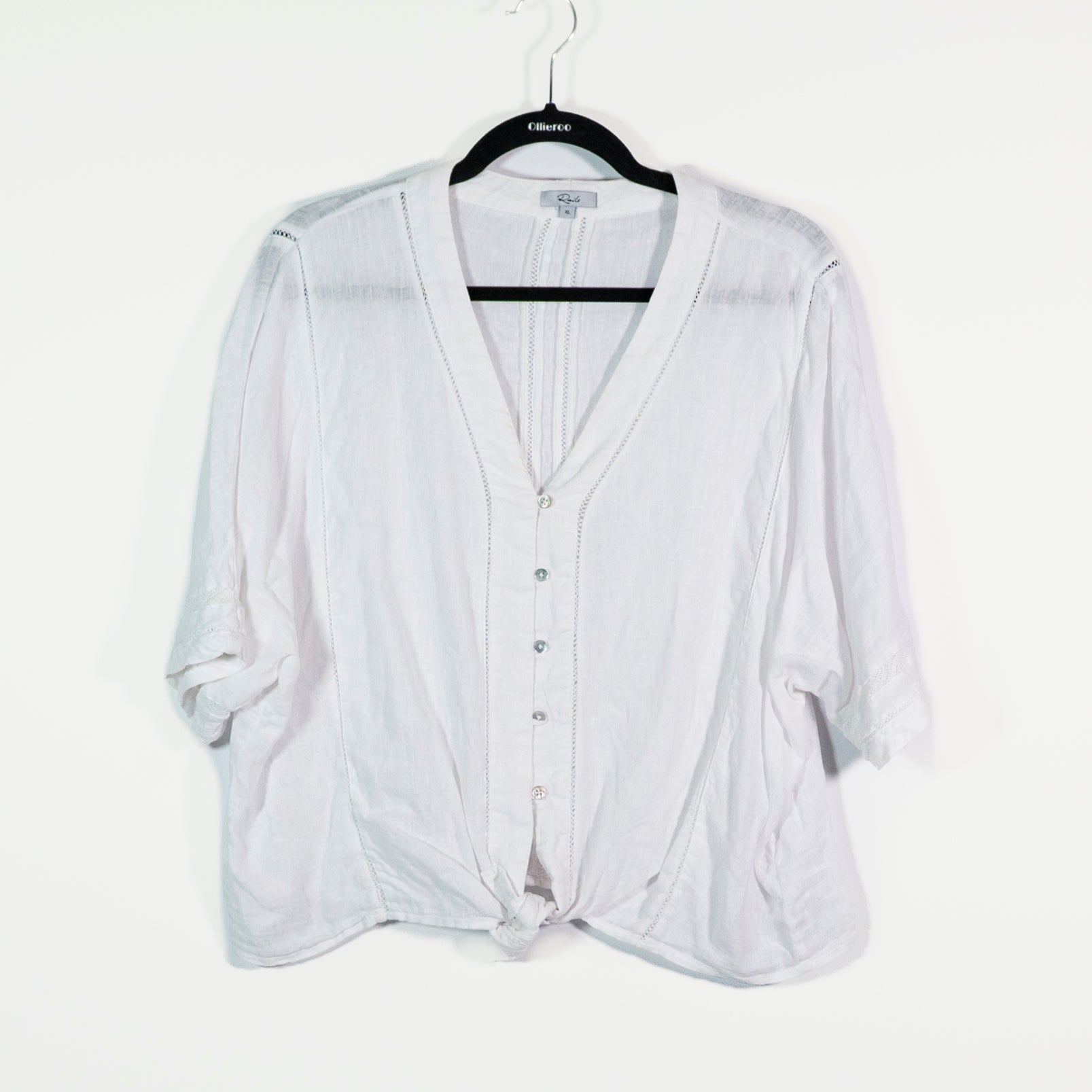 Rails Thea White Lace Detail Linen Lightweight Blend Button Front Knot Tie Shirt
