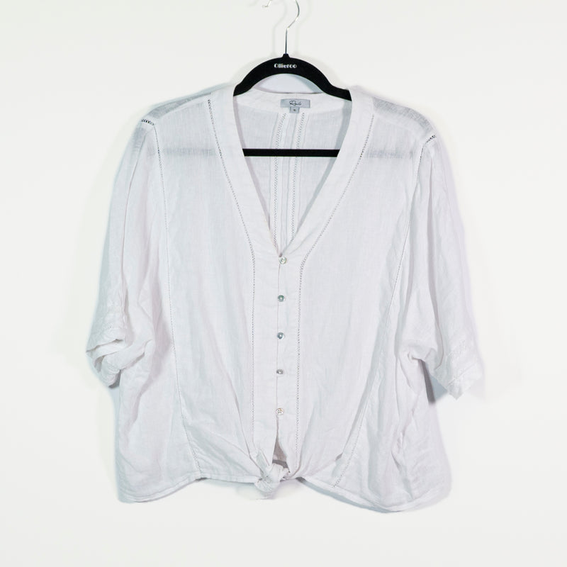 Rails Thea White Lace Detail Linen Lightweight Blend Button Front Knot Tie Shirt