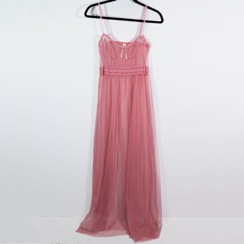 Anthropologie Sheer Mesh Tulle Corset Smocked Lace Trim Slip Midi Dress Pink S