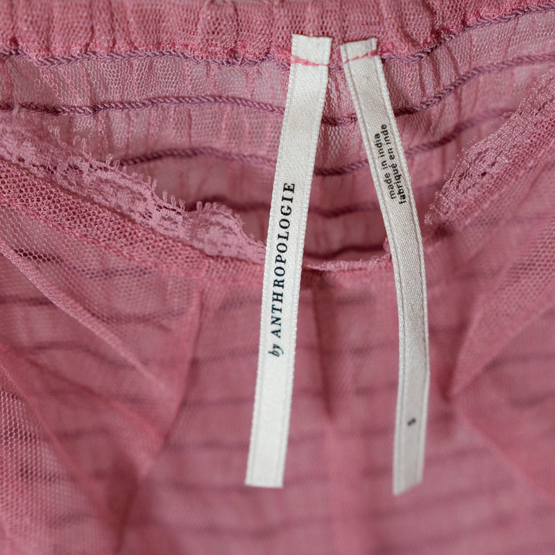 Anthropologie Sheer Mesh Tulle Corset Smocked Lace Trim Slip Midi Dress Pink S