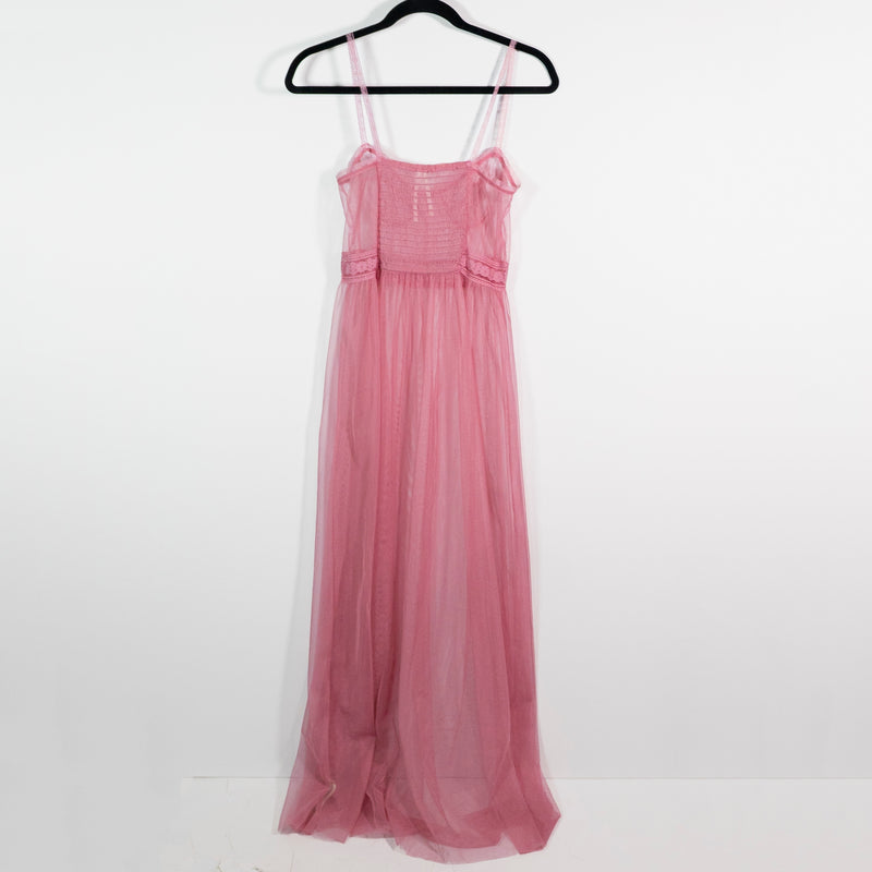 Anthropologie Sheer Mesh Tulle Corset Smocked Lace Trim Slip Midi Dress Pink S