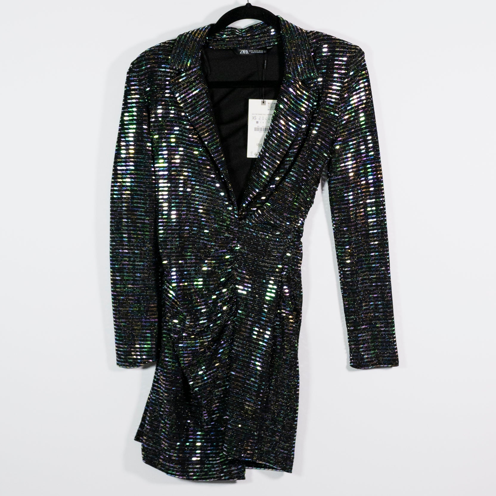 NEW Zara Festive Days Metallic Glitter Sparkle Embellished Ruched Mini Dress XS