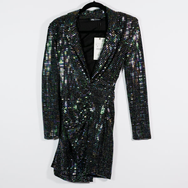 NEW Zara Festive Days Metallic Glitter Sparkle Embellished Ruched Mini Dress XS