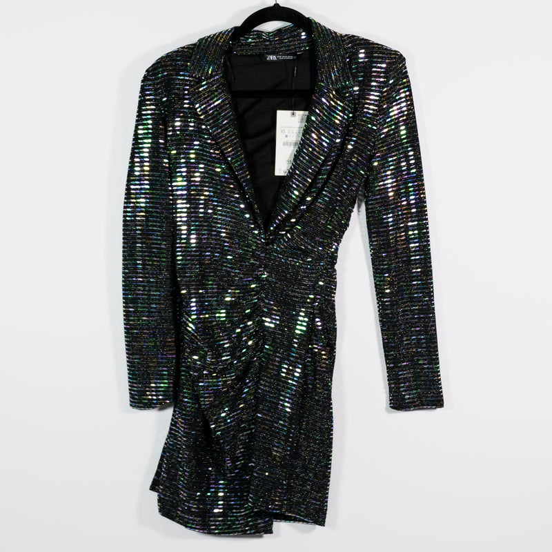 NEW Zara Festive Days Metallic Glitter Sparkle Embellished Ruched Mini Dress XS