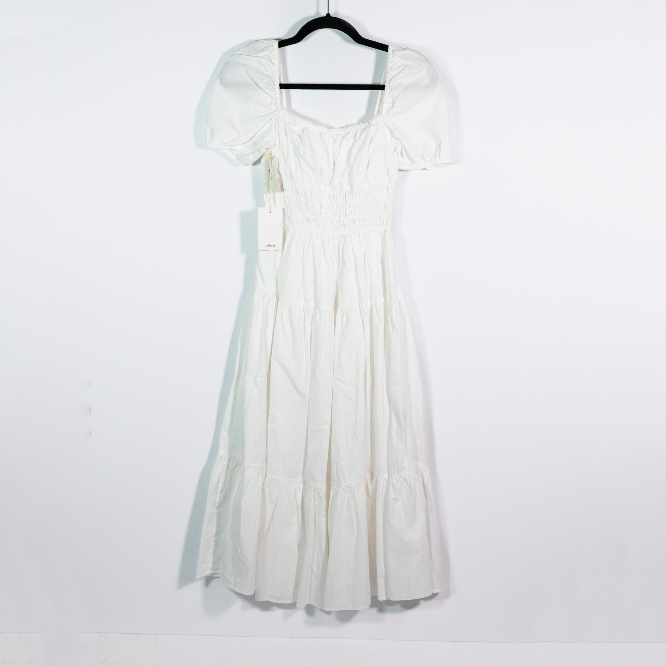 NEW Wilfred Aritzia Allegoria Cotton Poplin Smocked Puff Short Sleeve Midi Dress