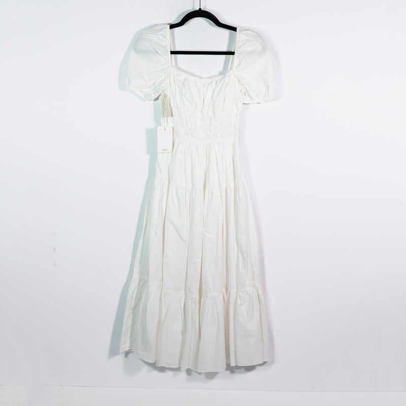 NEW Wilfred Aritzia Allegoria Cotton Poplin Smocked Puff Short Sleeve Midi Dress