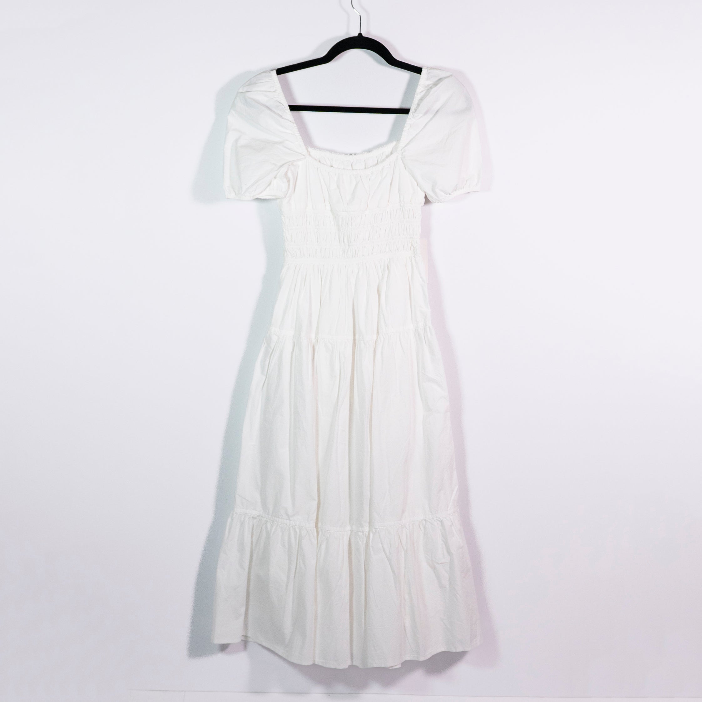 NEW Wilfred Aritzia Allegoria Cotton Poplin Smocked Puff Short Sleeve Midi Dress
