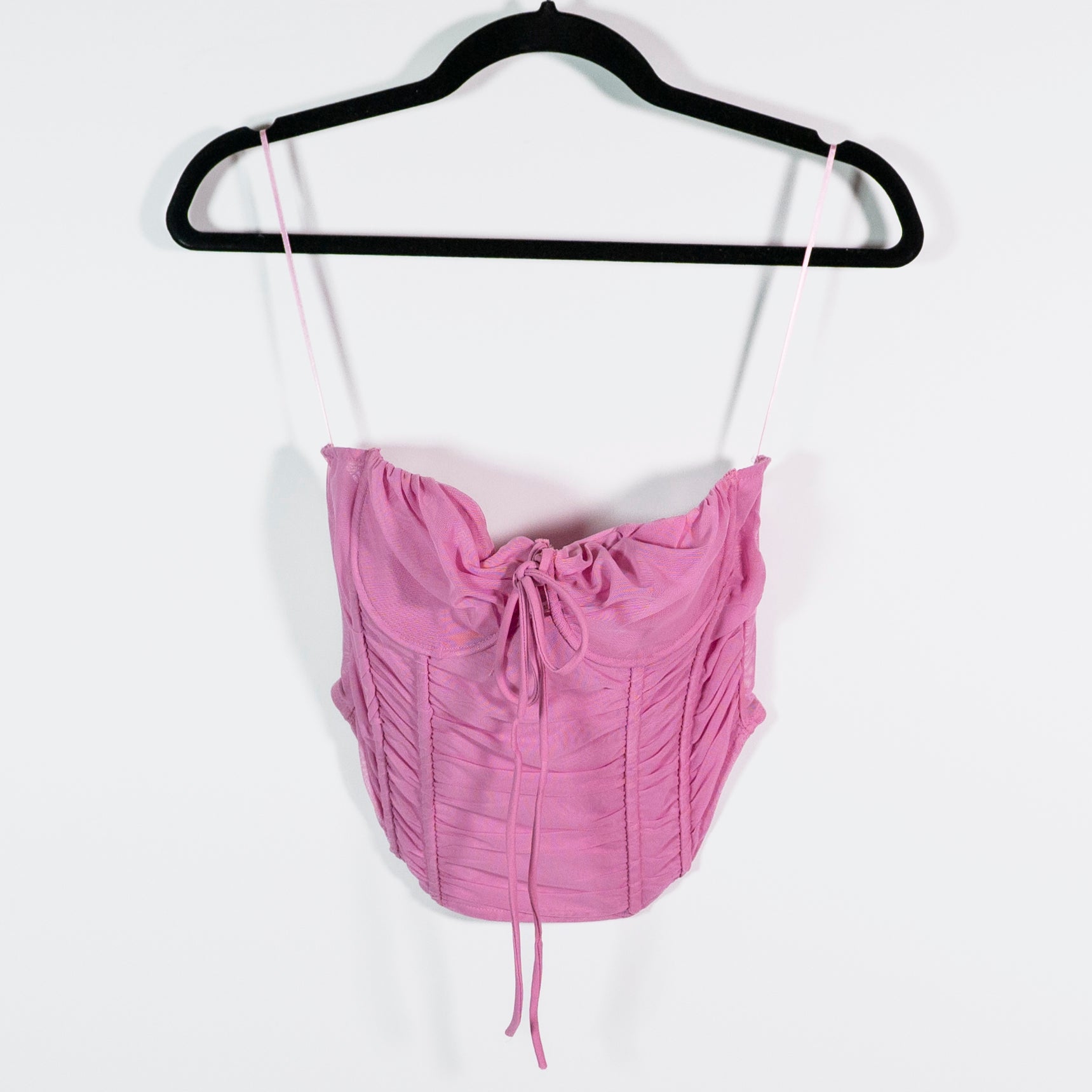 Zara Sheer Tulle Mesh Ruched Corset Strapless Bow Tie Front Tank Shirt Pink S
