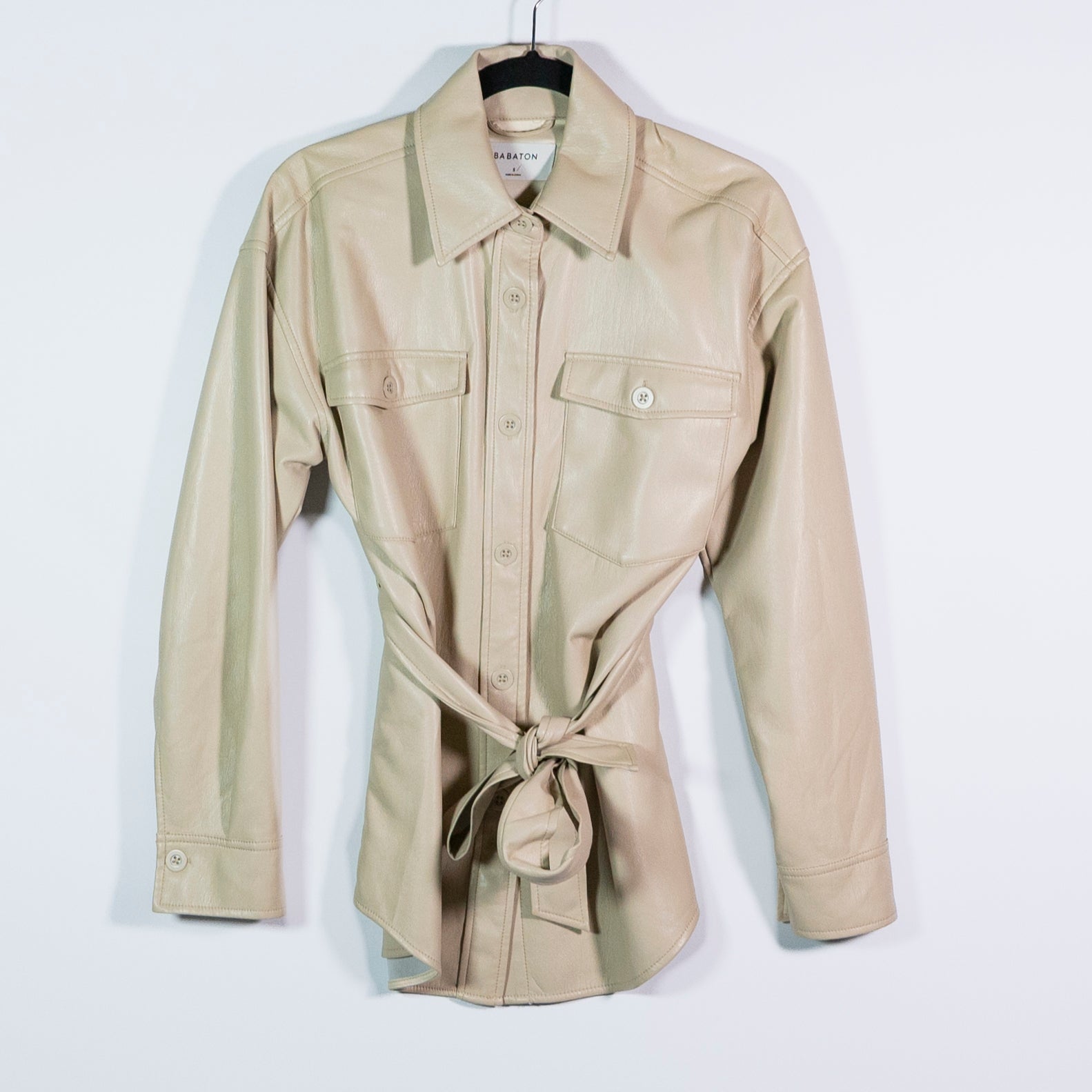 Babaton Aritzia Ava Faux Vegan Leather Collared Button Front Belted Jacket Beige