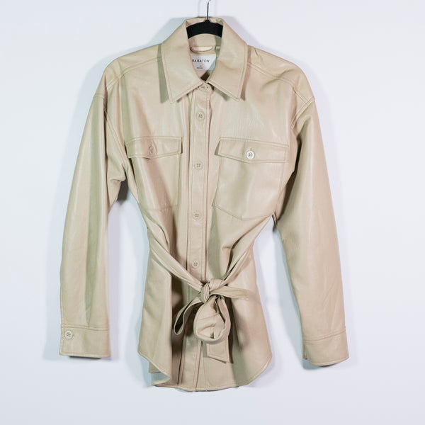 Babaton Aritzia Ava Faux Vegan Leather Collared Button Front Belted Jacket Beige