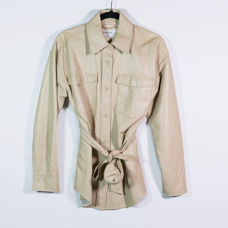 Babaton Aritzia Ava Faux Vegan Leather Collared Button Front Belted Jacket Beige