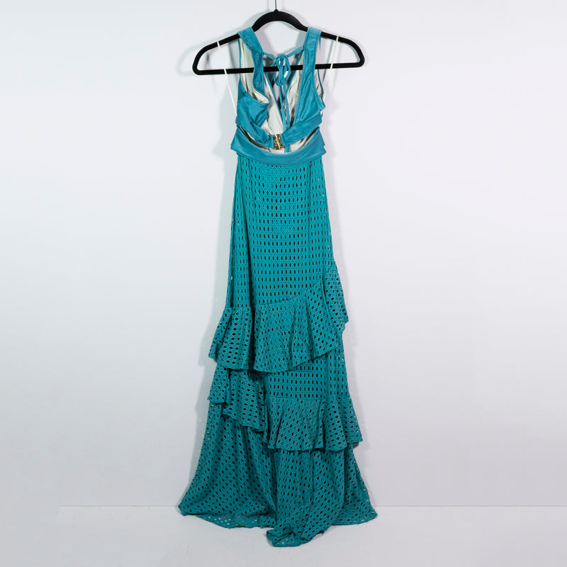 PatBo Cut Out Perforated Stretch Tiered Ruffle Maxi Beach Dress Blue XS