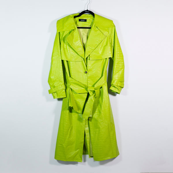 Akira Faux Vegan Croc Alligator Embossed Belted Trench Coat Jacket Lime Green S