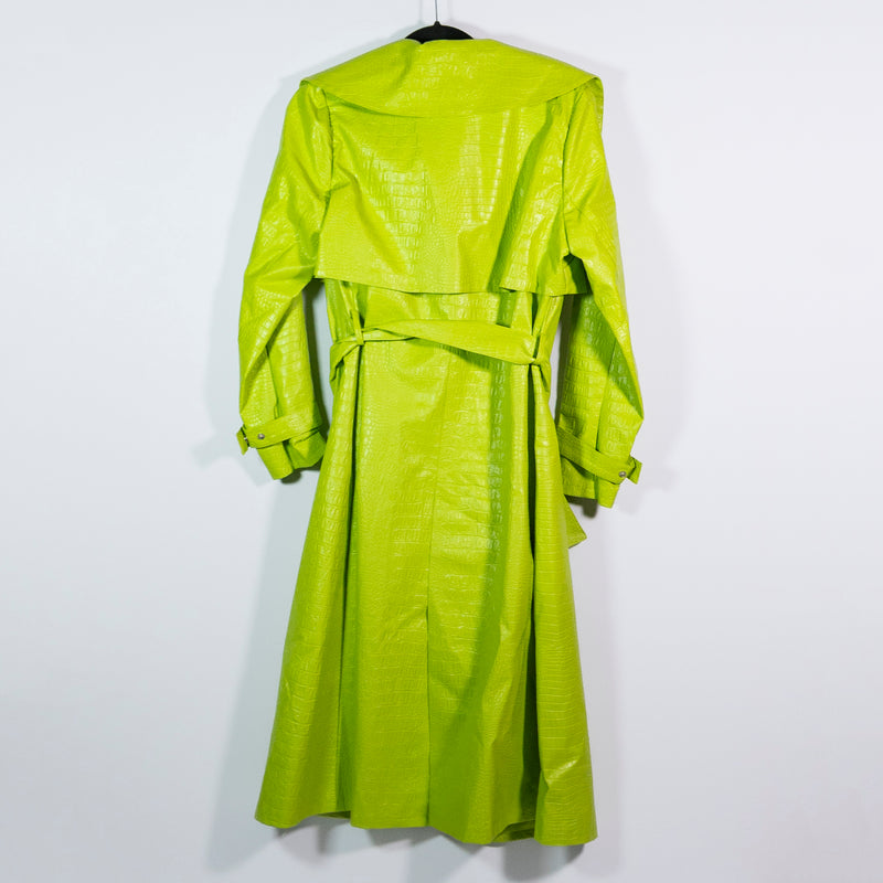 Akira Faux Vegan Croc Alligator Embossed Belted Trench Coat Jacket Lime Green S