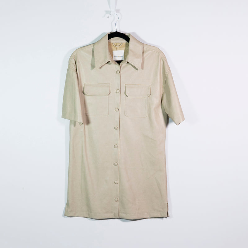 NEW Avec Les Filles Faux Leather Button Down Collared Shirt Dress Ivory Beige XS