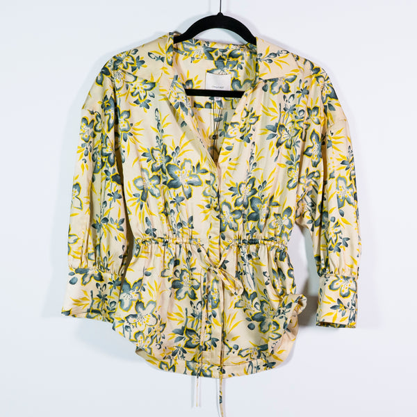 NEW Cinq A Sept Raelynn Satin Floral Flower Print Pattern Ruched Blouse Pomelo